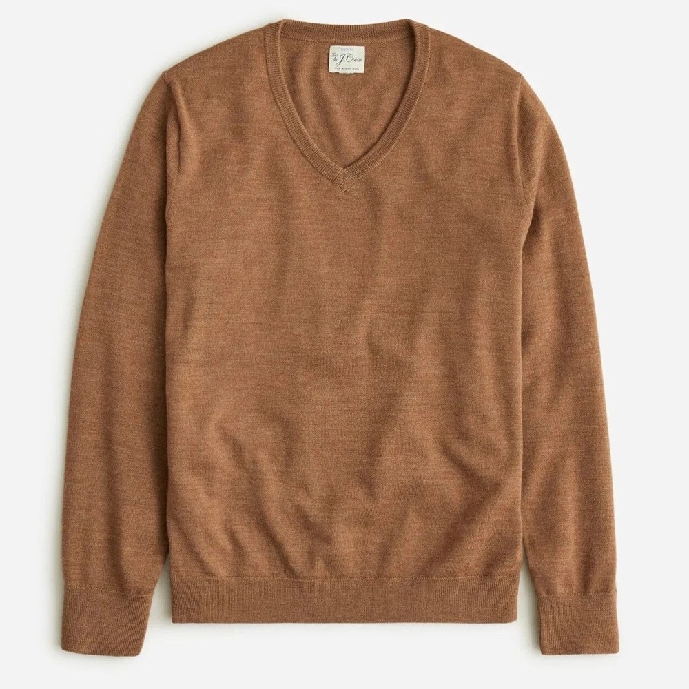 J Crew Mens Merino Wool V Neck Long Sleeve Sweater Brown XL Casual Preppy Cozy